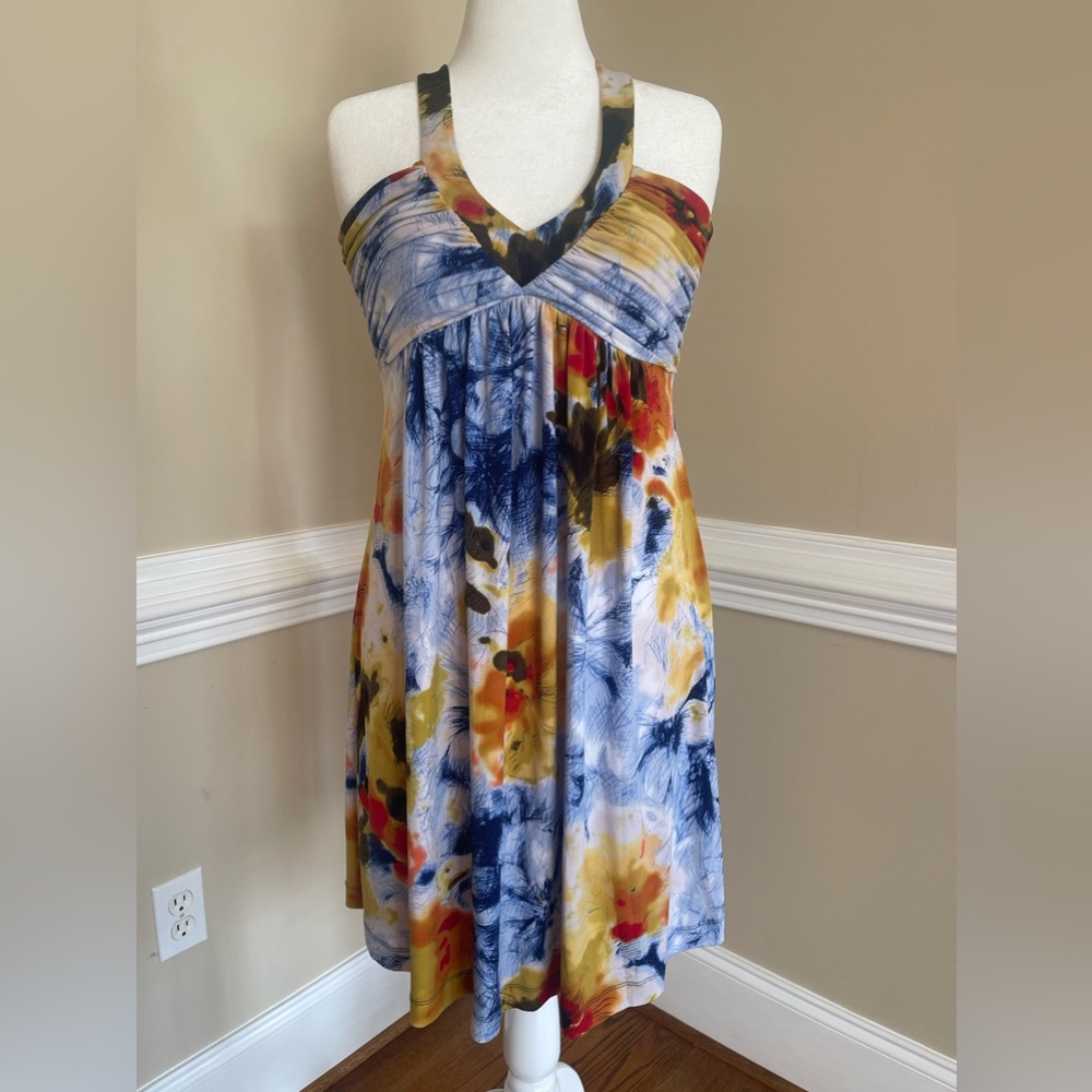 Calvin Klein Halter Dress, Ruched Colorful Floral, Halter Top, Womens Size 10